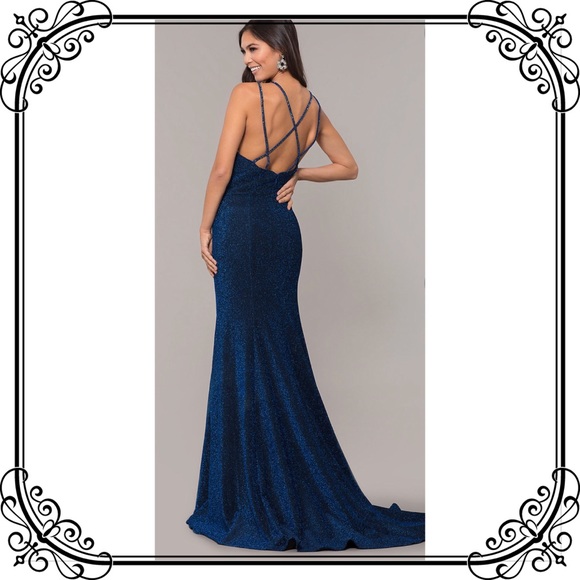 ๐NWT Blue Full Length Glitter Prom Dress W/ Train - Picture 3 of 8